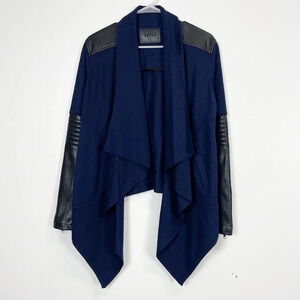 BlankNYC Coat Womens Small Navy Blue Black Faux Leather Wool Jacket Draped Front